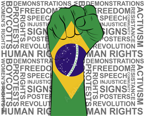 Raised fist on Brazil flag, political news banner, victory or win concept, freedom symbol