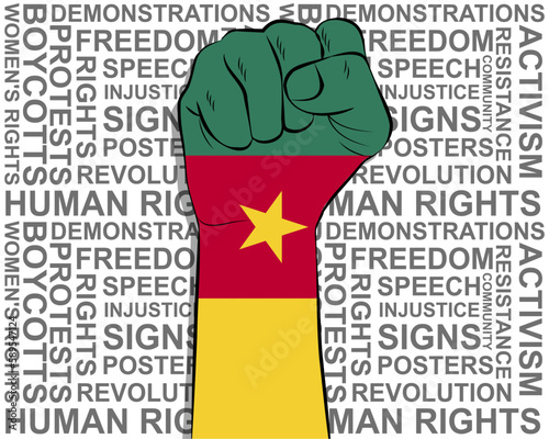 Raised fist on Cameroon flag, political news banner, victory or win concept, freedom symbol