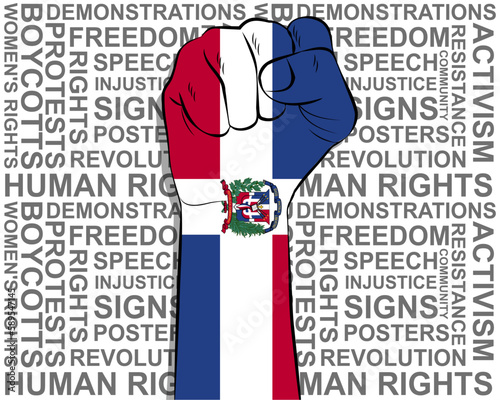 Raised fist on Dominican Republic flag, political news banner, victory or win concept, freedom symbol