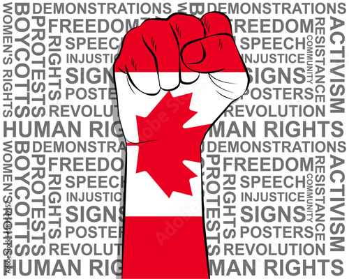 Raised fist on Canada flag, political news banner, victory or win concept, freedom symbol