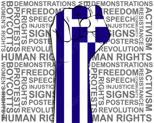 Raised fist on Greece flag, political news banner, victory or win concept, freedom symbol