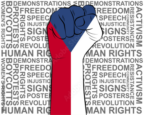 Raised fist on Czech Republic flag, political news banner, victory or win concept, freedom symbol