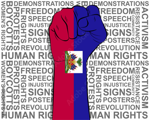 Raised fist on Haiti flag, political news banner, victory or win concept, freedom symbol