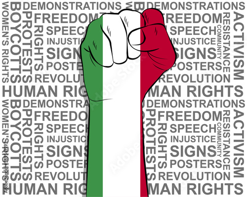Raised fist on Hungary flag, political news banner, victory or win concept, freedom symbol