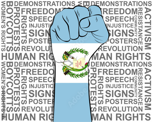 Raised fist on Guatemala flag, political news banner, victory or win concept, freedom symbol