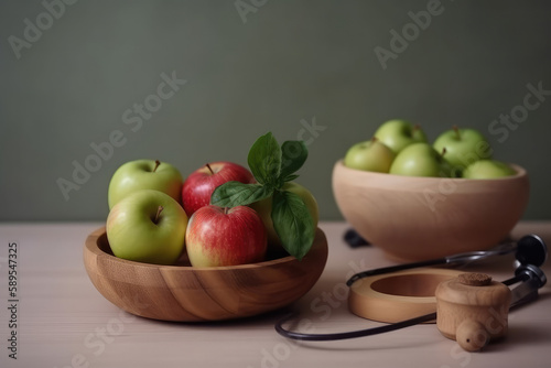 Apples in a wooden plate.