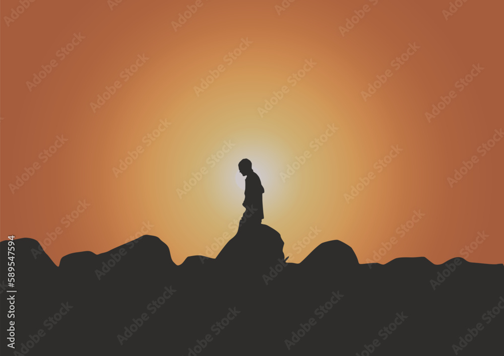 silhouette of the person in nature at sunset, vector illustration.