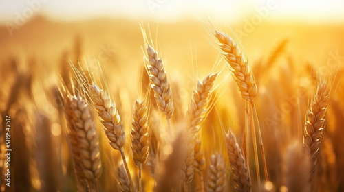 Ripe ears of golden wheat. Summer field at sunset. Based on Generative AI