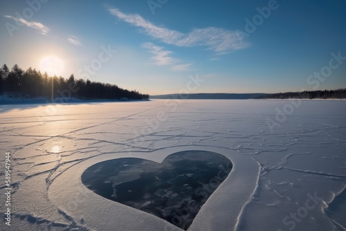 Heart shape love sign drawn on a snow-covered ice on a winter lake with copy space. 