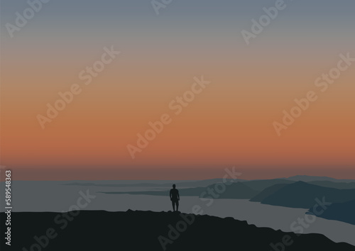 silhouette of people in nature at sunset, vector illustration.