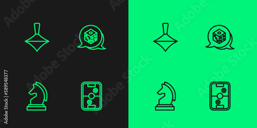 Set line Air hockey table, Chess, Whirligig toy and Game dice icon. Vector