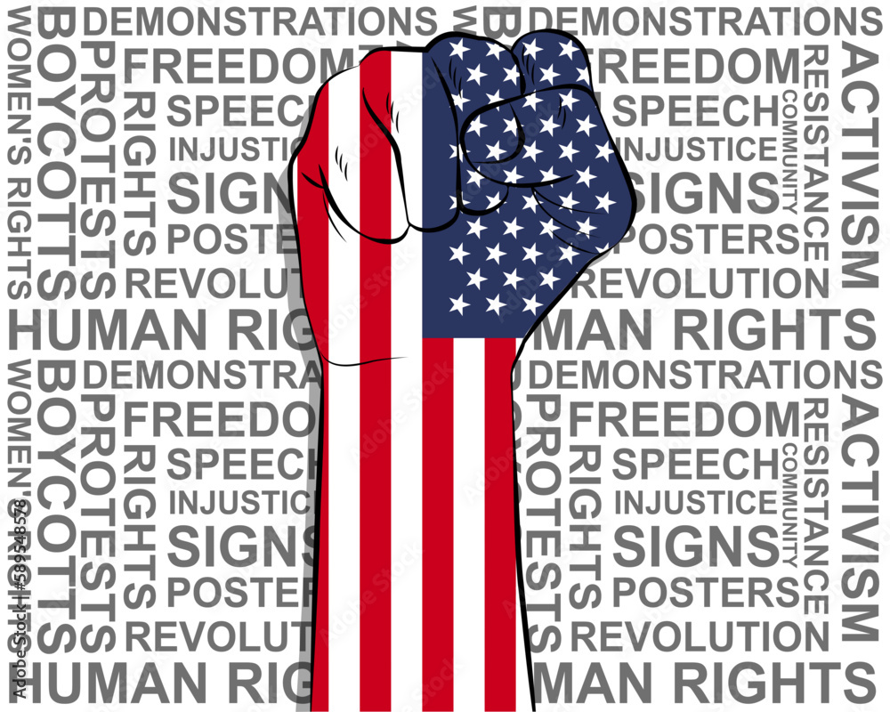 Fototapeta premium Raised fist on USA flag, political news banner, victory or win concept, freedom symbol