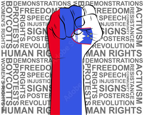 Raised fist on Slovenia flag, political news banner, victory or win concept, freedom symbol