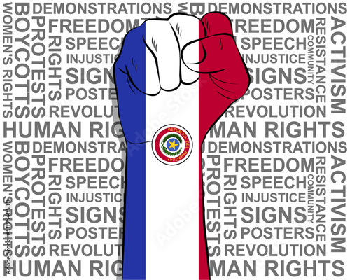 Raised fist on Paraguay flag, political news banner, victory or win concept, freedom symbol