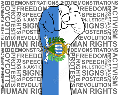 Raised fist on San Marino flag, political news banner, victory or win concept, freedom symbol