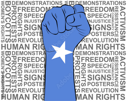 Raised fist on Somalia flag, political news banner, victory or win concept, freedom symbol