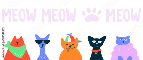 Different funny domestic cats sit and look straight ahead. Horizontal banner template with hand lettering meow and paw. Hand drawn cartoon flat vector illustration.