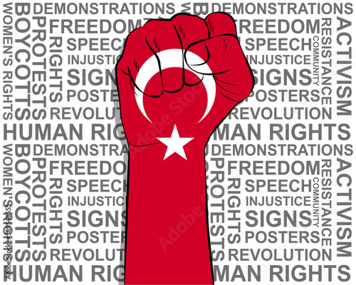 Raised fist on Turkey flag, political news banner, victory or win concept, freedom symbol