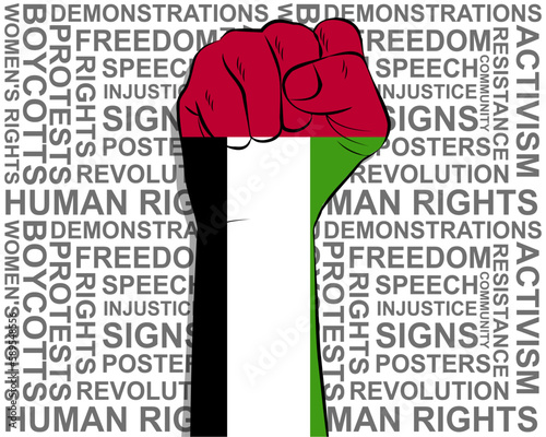 Raised fist on UAE flag, political news banner, victory or win concept, freedom symbol