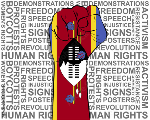 Raised fist on Swaziland flag, political news banner, victory or win concept, freedom symbol