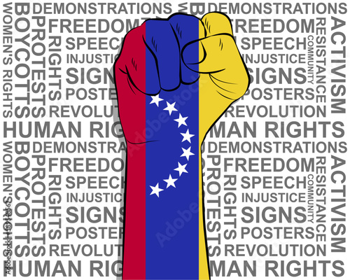 Raised fist on Venezuela flag, political news banner, victory or win concept, freedom symbol