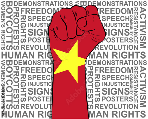 Raised fist on Vietnam flag, political news banner, victory or win concept, freedom symbol