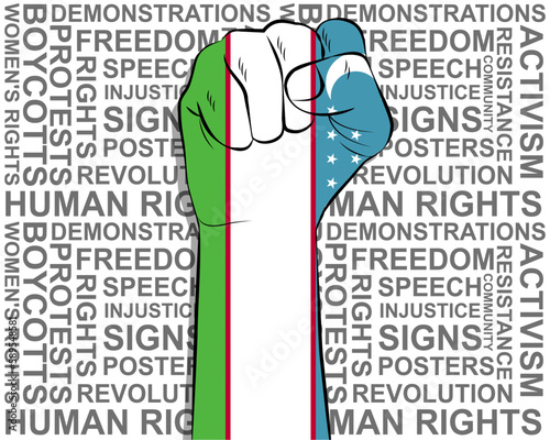 Raised fist on Uzbekistan flag, political news banner, victory or win concept, freedom symbol