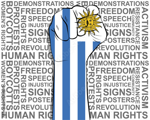 Raised fist on Uruguay flag, political news banner, victory or win concept, freedom symbol