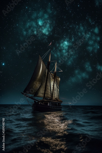 Sailing ship in the sea against the background of the starry sky. AI generated