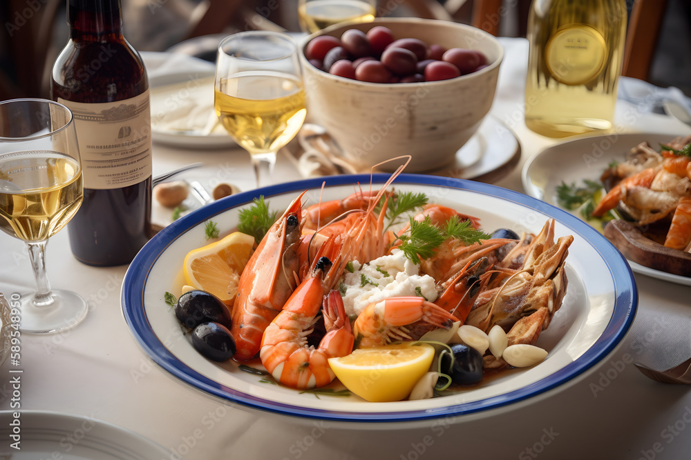 salad with seafood in taverna with view sea, ai generative salad with seafood in taverna with view sea, ai generative