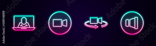 Set line Video chat conference, 360 degree view and Speaker volume. Glowing neon icon. Vector