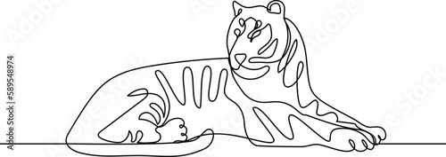Continuous one line drawing of lying tiger