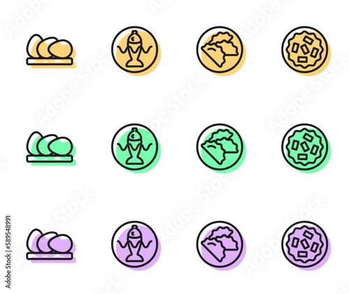 Set line Dumpling  Chicken egg  Served fish on a plate and Homemade pie icon. Vector