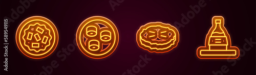 Set line Homemade pie, Sushi, and Bottle of sake. Glowing neon icon. Vector
