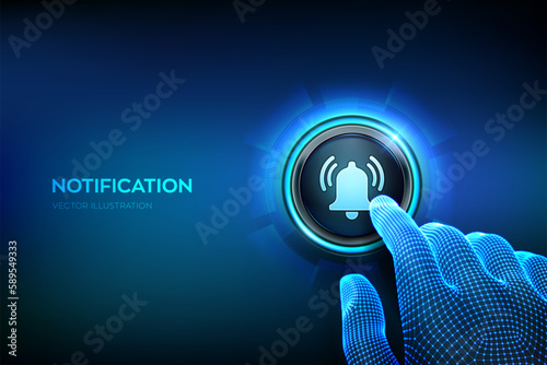 Notification button. Notification message icon. Alarm, alert symbol. Closeup finger about to press a button with bell sign. Vector illustration.