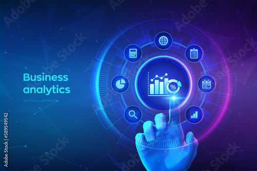 Business data analytics and robotic process automation concept on virtual screen. Profit and revenue of company, BI or KPI concept. Hand touching digital interface. Vector illustration.
