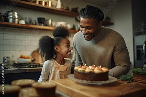 Little African-American boy greeting his dad on Father s Day in kitchen at home. Father   s day concept. Generated Ai