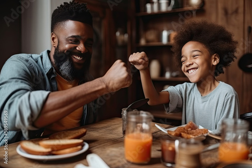 Little African-American boy greeting his dad on Father's Day in kitchen at home. Father’s day concept. Generated Ai