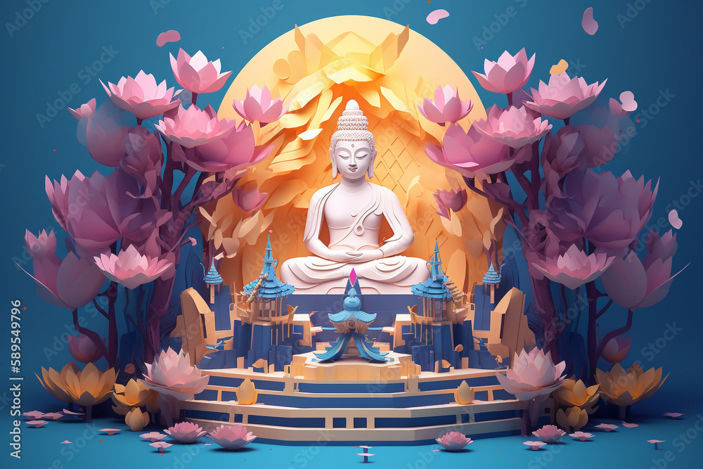 Vesakha Puja Holiday. Celebrating Buddha's Birth, Enlightenment, and Death in Low Poly Style
 - obrazy, fototapety, plakaty 