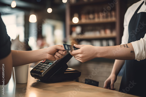 Hand using payment terminal device and credit card, side view close up, mobile payment ,Credit card payment , pos and customer hands, ai generative