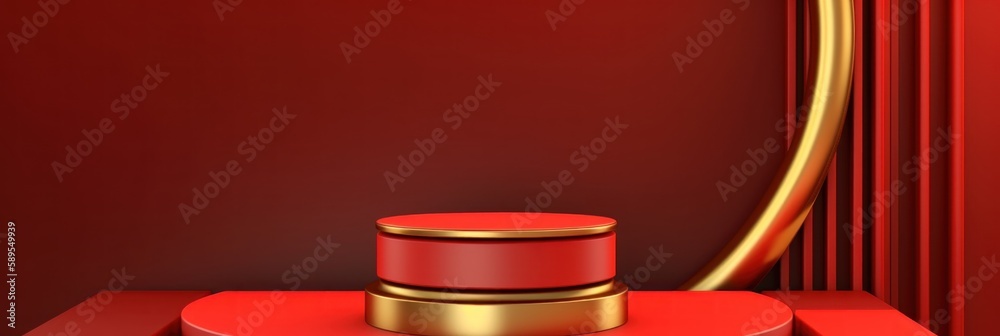 Red modern style one podium product showcase with golden ring frame Japanese style pattern background. A luxury stage for product advertising Generate AI. Red modern style one podium product showcase with golden ring frame Japanese style pattern background. A luxury stage for product advertising Generate AI.