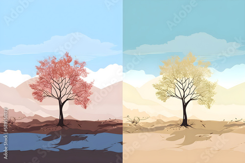 Natural all seasons landscape with a tree in the flat style. a beautiful park.Environmentally friendly natural landscape.ai generative © nataliya_ua