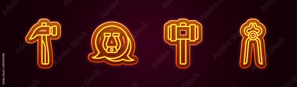 Set line Hammer, Horseshoe, Sledgehammer and Blacksmith pliers tool. Glowing neon icon. Vector Set line Hammer, Horseshoe, Sledgehammer and Blacksmith pliers tool. Glowing neon icon. Vector