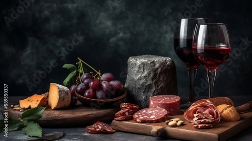 Red wine with charcuterie assortment on the stone background. Generative ai.