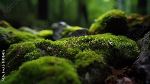 Green moss and rough stones in the dense forest. Based on Generative AI
