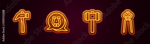 Set line Hammer, Horseshoe, Sledgehammer and Blacksmith pliers tool. Glowing neon icon. Vector