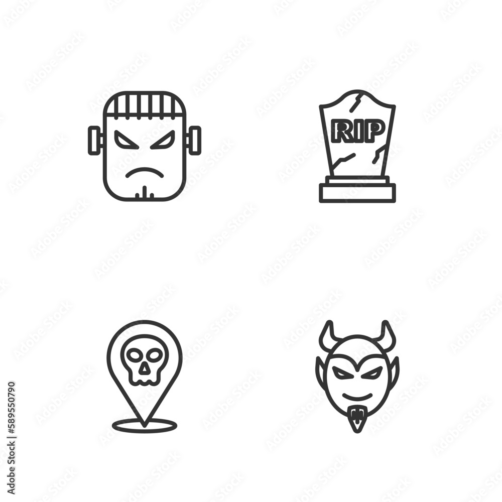 Set line Devil head, Skull, Frankenstein face and Tombstone with RIP written icon. Vector