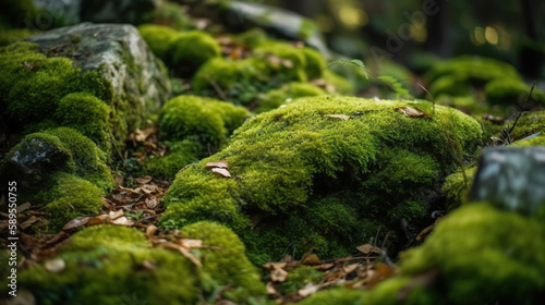 Green moss and rough stones in the dense forest. Based on Generative AI © Yeti Studio