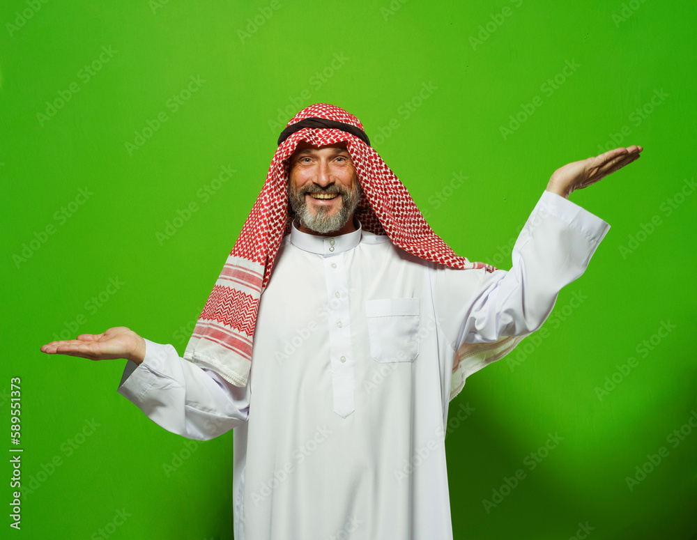 Arab mature man depicts scales with his hands at different levels, symbolizing the concept of decision-making, weighing options, and finding balance. ideas of justice, equality, and fairness, using Arab mature man depicts scales with his hands at different levels, symbolizing the concept of decision-making, weighing options, and finding balance. ideas of justice, equality, and fairness, using