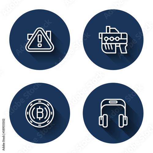 Set line Exclamation mark in triangle, Futuristic weapon, Cryptocurrency coin Bitcoin and Headphones with long shadow. Blue circle button. Vector